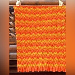 CROCHETED AFGHAN CHEVRON ORANGE & GOLD COLORFUL THROW VTG CROCHETED BLANKET